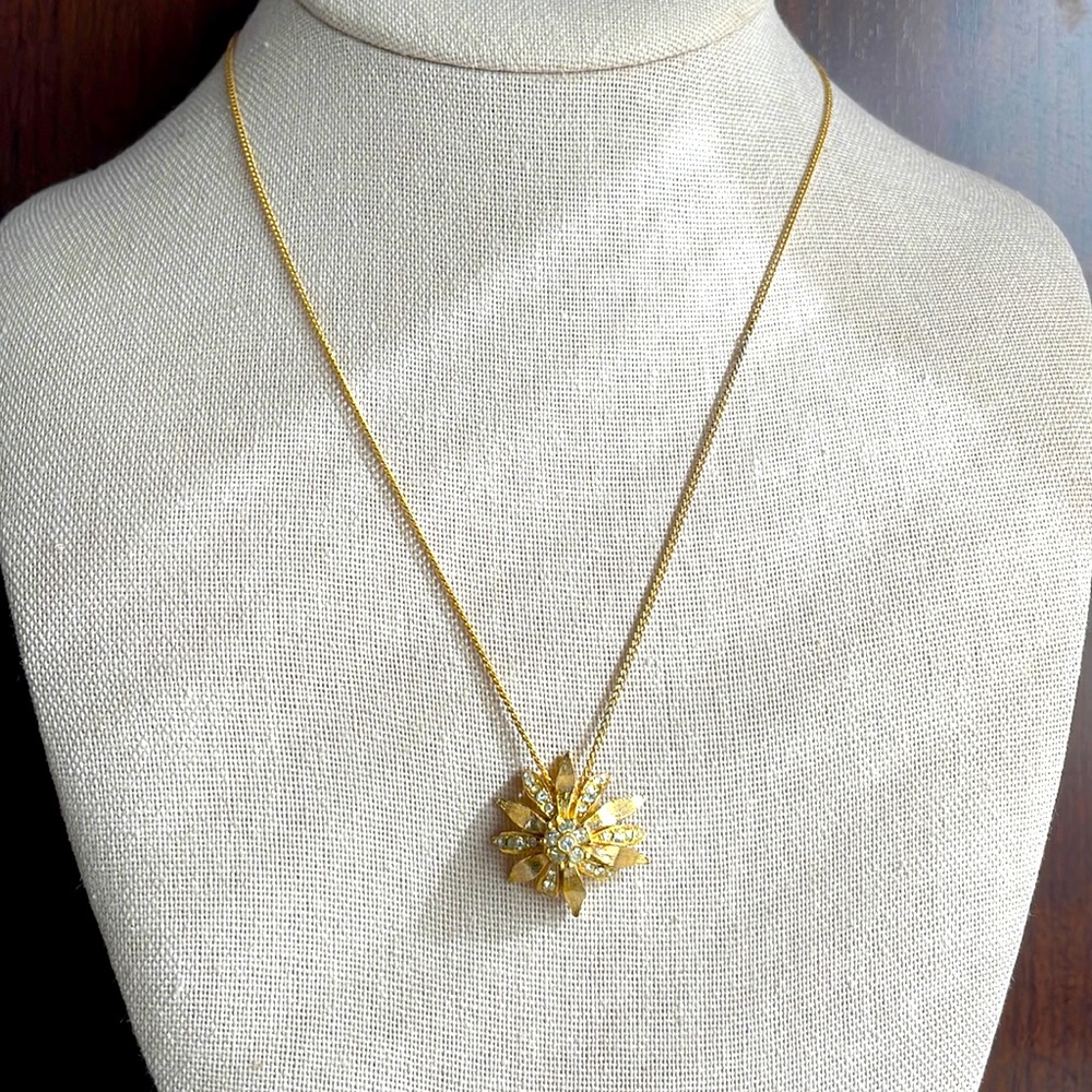 Vintage Flower Power Gold-tone Rhinestone Pendant Festival Glam Gypset Hippie 🌸